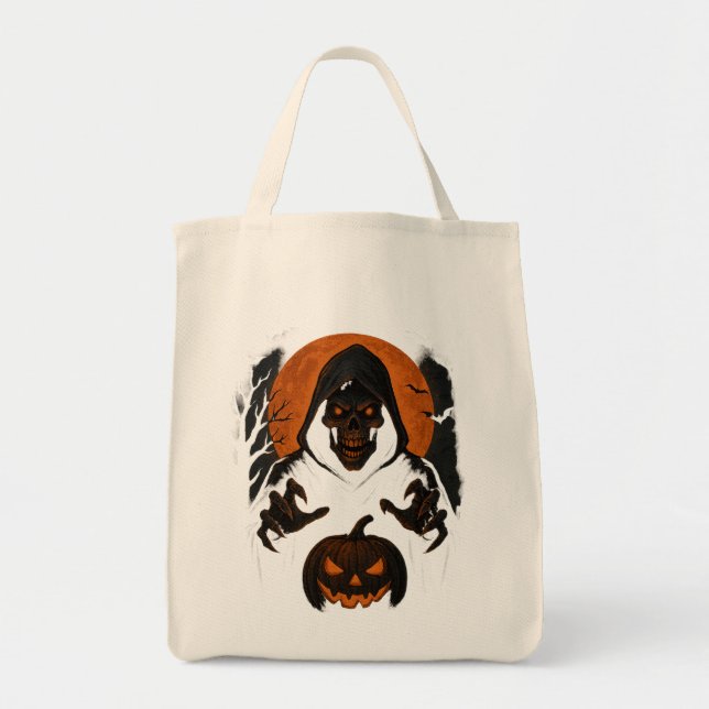 Scary Halloween Wizard – Creepy Hooded Skull  Tote Bag (Front)