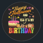 Scary Happy Halloween And Yes It's My Birthday Pum Classic Round Sticker<br><div class="desc">It's the perfect way to make your birthday extra-special and let everyone know that it's your special day. Whether you're spending day with friends and family, this shirt is the perfect way to make a statement and show off your birthday spirit. Cool design for trick or treating with Skull, Rib...</div>