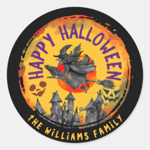 Scary Happy Halloween Orange Witch Broomstick   Classic Round Sticker
