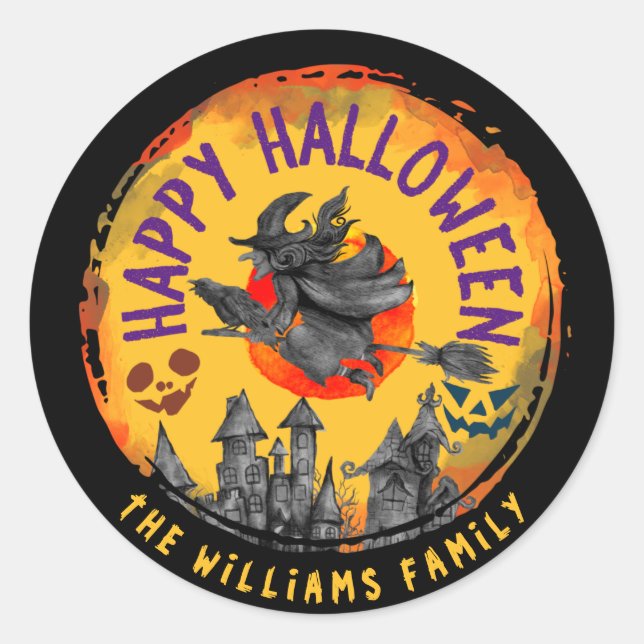 Scary Happy Halloween Orange Witch Broomstick   Classic Round Sticker (Front)