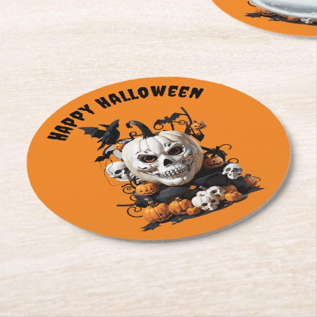 Scary Happy Halloween Skull design  Round Paper Coaster (Angled)