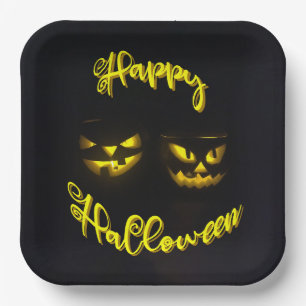 Scary Happy Halloween Yellow Pumpkin Face Paper Plate