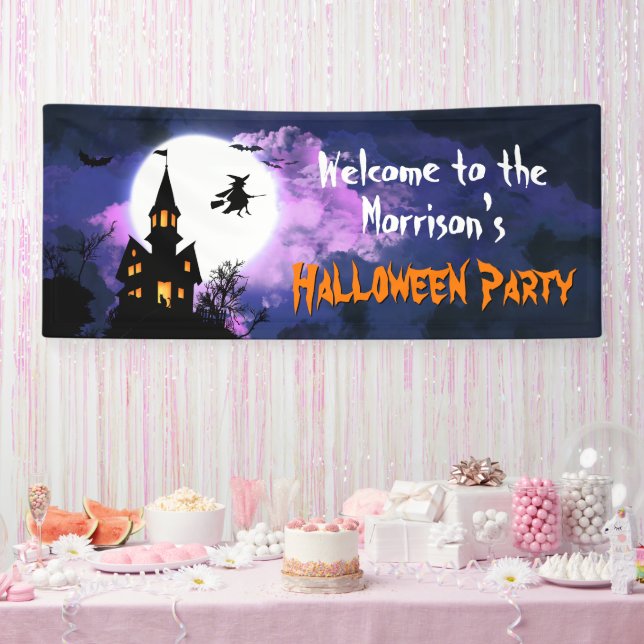 Scary Haunted Castle Flying Witch Halloween Party Banner (Party)