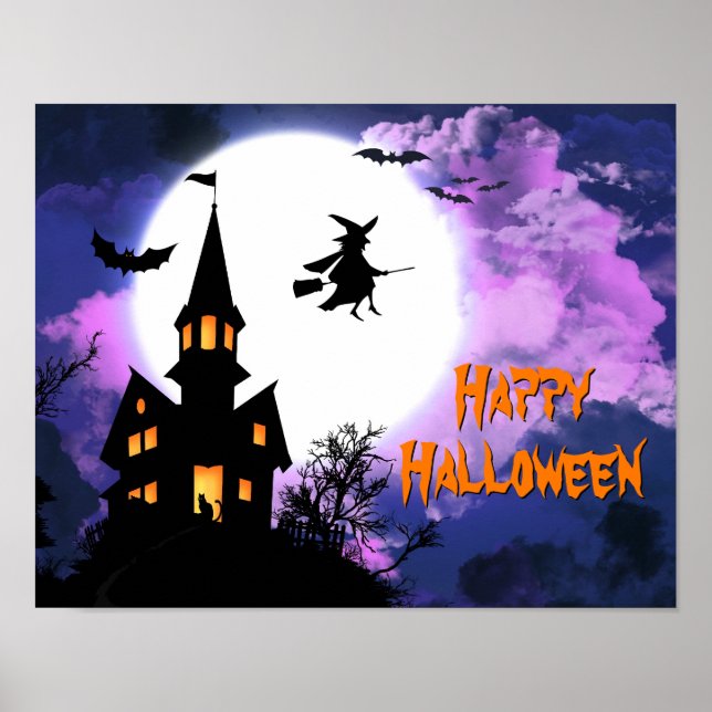 Scary Haunted Castle Flying Witch Halloween Party Poster (Front)