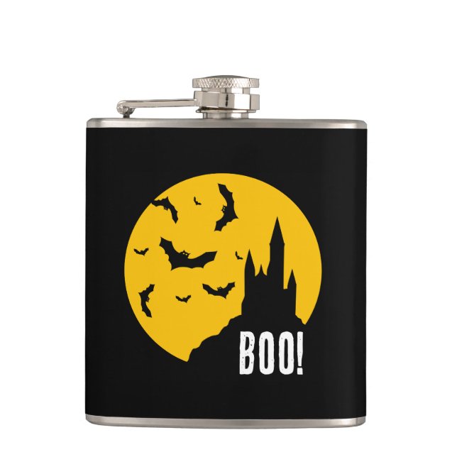 Scary Haunted Halloween Castle Vinyl Wrapped Flask (Front)