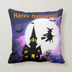 Scary Haunted House with Witch - Happy Halloween Throw Pillow