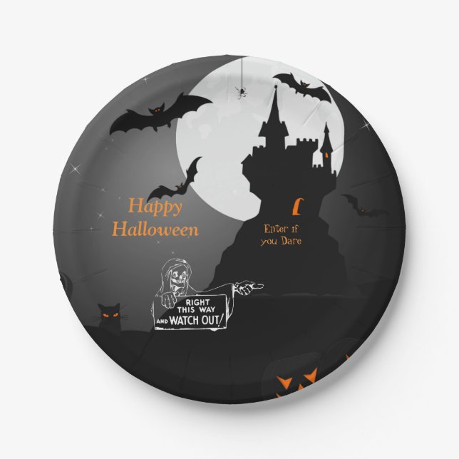 Scary Hunted House Halloween Paper Plate (Front)