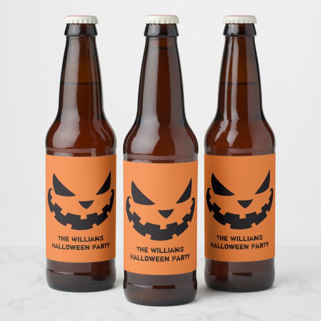 Scary Jack O Lantern Custom Orange Halloween Party Beer Bottle Label (Bottles)