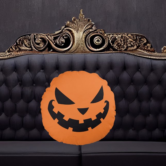 Scary Jack O Lantern Face Orange Halloween Round Pillow (Creator Uploaded)