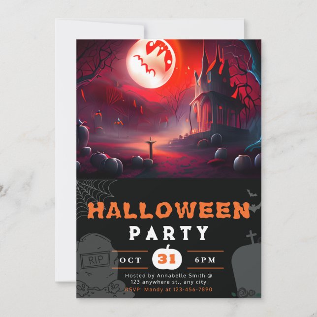 Scary Jack-O' Lantern Full Moon Halloween Invitation (Front)