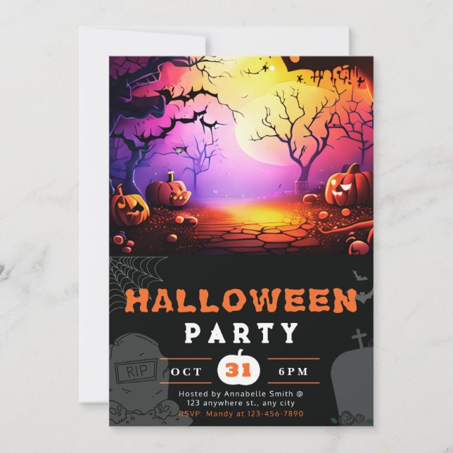 Scary Jack-O' Lantern Full Moon Halloween Invitation (Front)