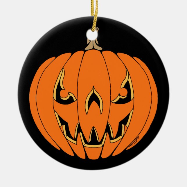 Scary Jack-o'-Lantern Halloween Design Ceramic Ornament (Front)