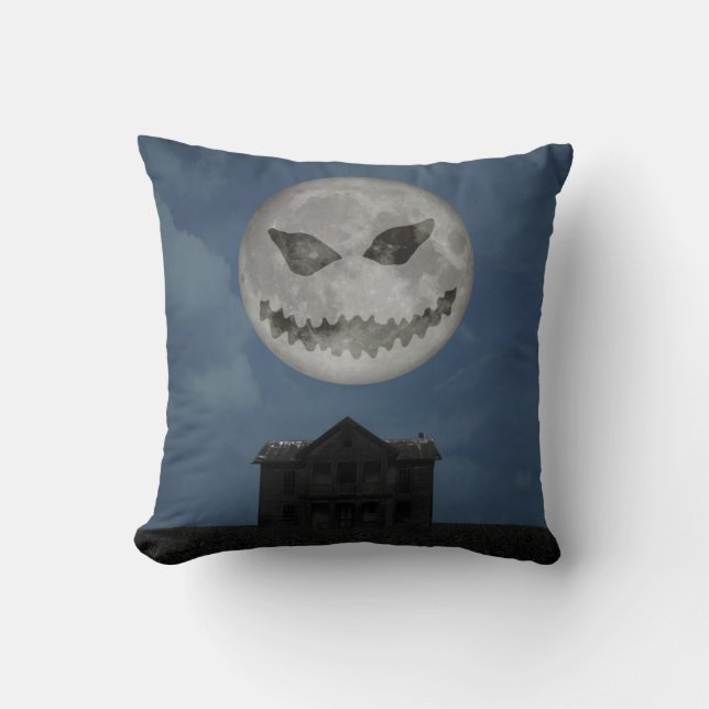 Scary Jack O Lantern Halloween Moon Throw Pillow (Front)