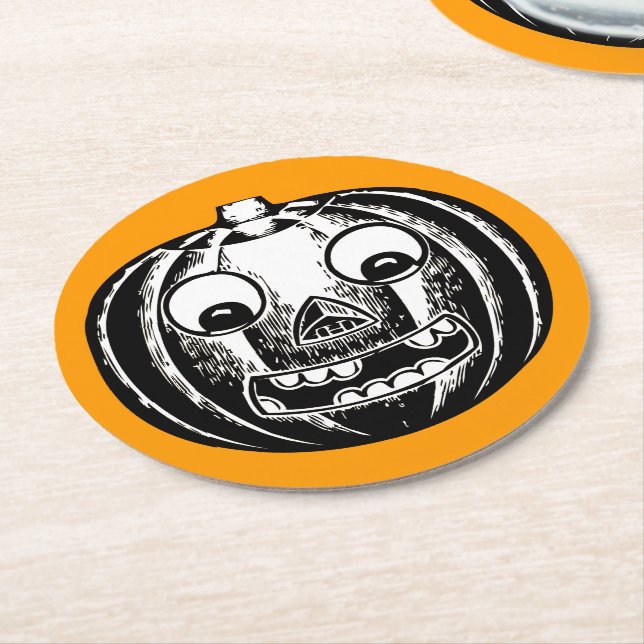 Scary Jack-o-Lantern Round Paper Coaster (Angled)