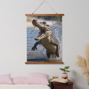 Scary Jaws: Australian Crocodile Leaping Hanging Tapestry