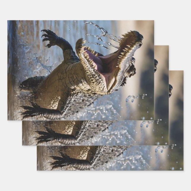 Scary Jaws: Australian Crocodile Leaping Wrapping Paper Sheet (Set)