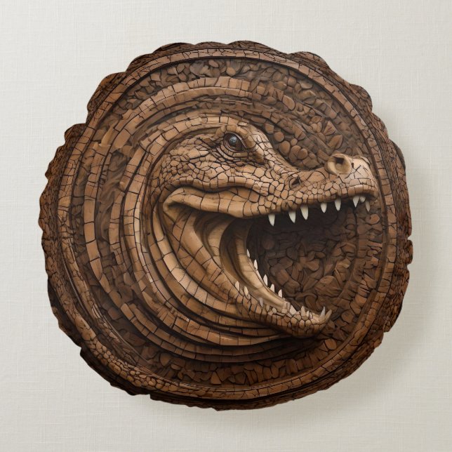 Scary Jaws: Australian Crocodile Wood Print Round Pillow (Front)
