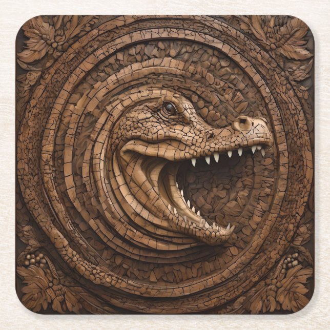 Scary Jaws: Australian Crocodile Wood Print, Square Paper Coaster (Front)