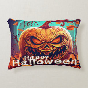 Scary Looking Orange Pumpkin with Face, Halloween  Accent Pillow
