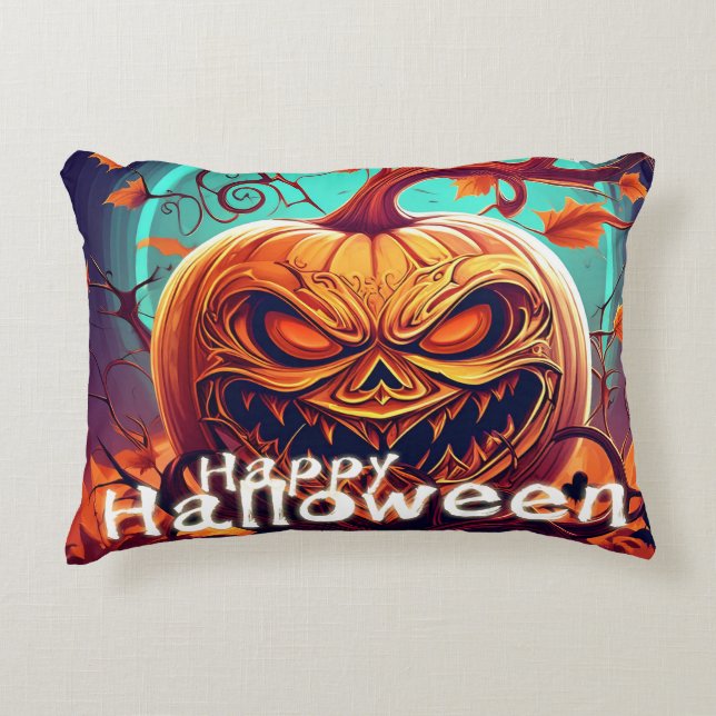 Scary Looking Orange Pumpkin with Face, Halloween  Accent Pillow (Front)