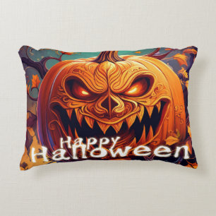 Scary Looking Orange Pumpkin with Face, Halloween Accent Pillow