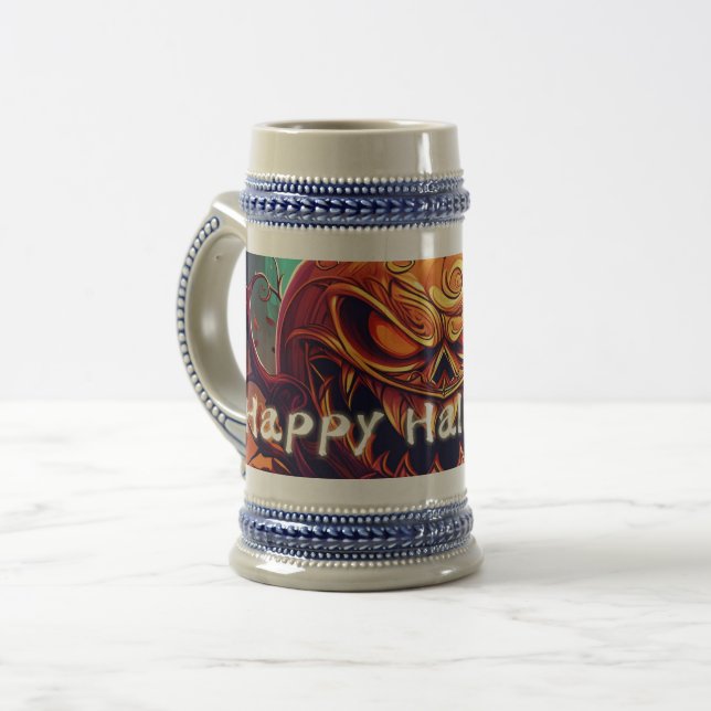 Scary Looking Orange Pumpkin with Face, Halloween Beer Stein (Front Left)