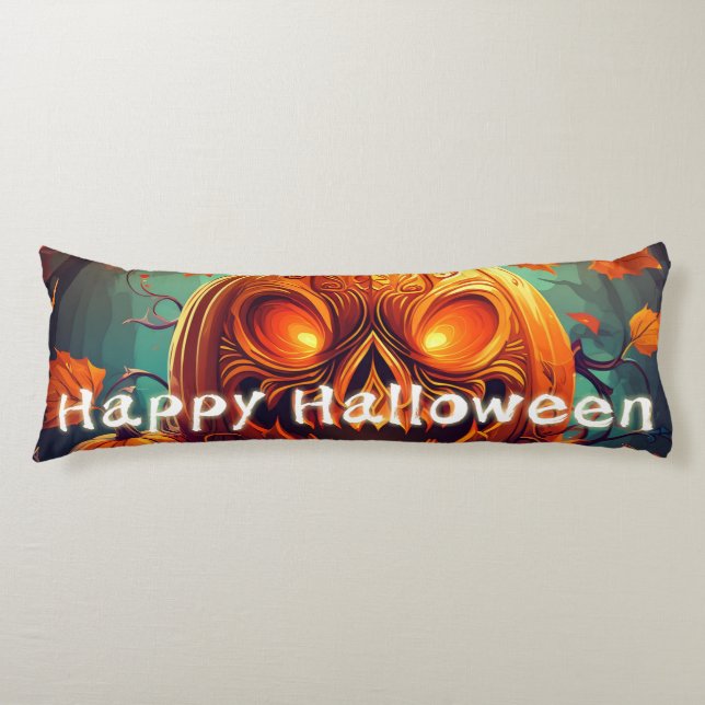 Scary Looking Orange Pumpkin with Face, Halloween  Body Pillow (Front)