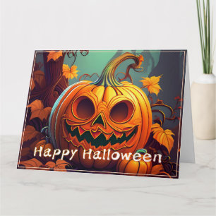 Scary Looking Orange Pumpkin with Face, Halloween Card