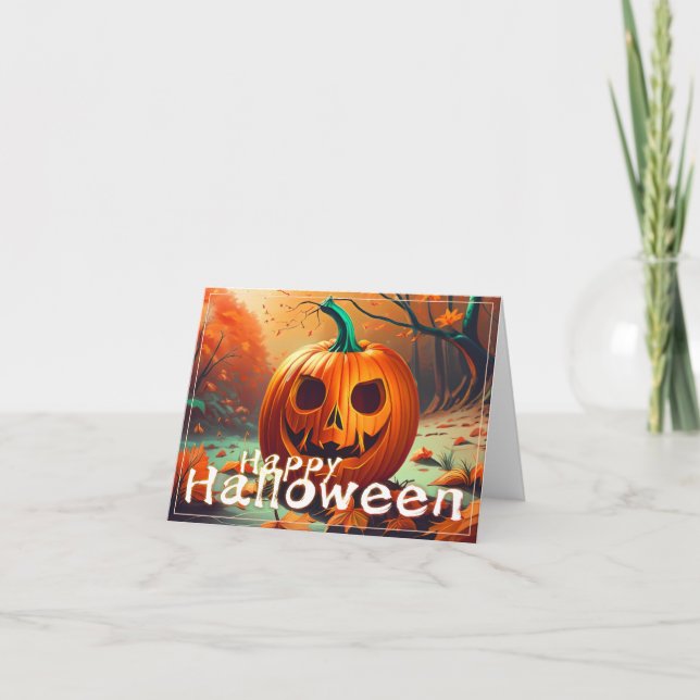 Scary Looking Orange Pumpkin with Face, Halloween Card (Front)