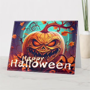 Scary Looking Orange Pumpkin with Face, Halloween Card