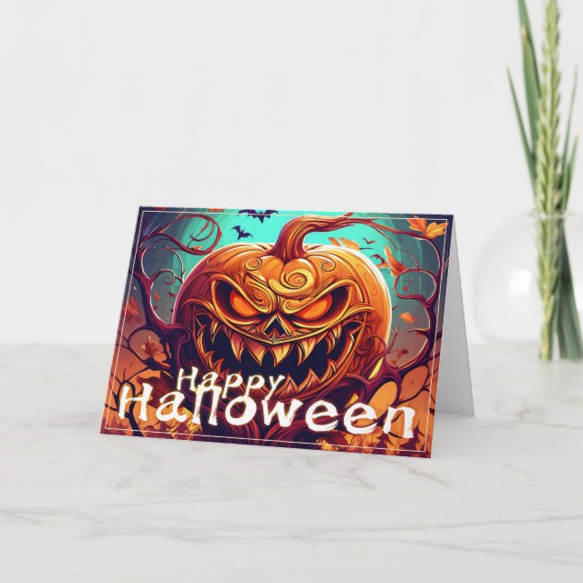 Scary Looking Orange Pumpkin with Face, Halloween Card (Front)