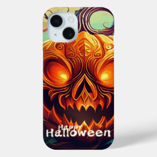 Scary Looking Orange Pumpkin with Face, Halloween iPhone 15 Case
