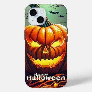 Scary Looking Orange Pumpkin with Face, Halloween iPhone 15 Case