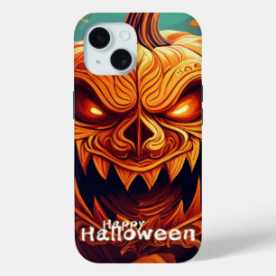 Scary Looking Orange Pumpkin with Face, Halloween iPhone 15 Case