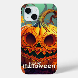 Scary Looking Orange Pumpkin with Face, Halloween iPhone 15 Case