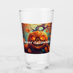 Scary Looking Orange Pumpkin with Face, Halloween  Glass