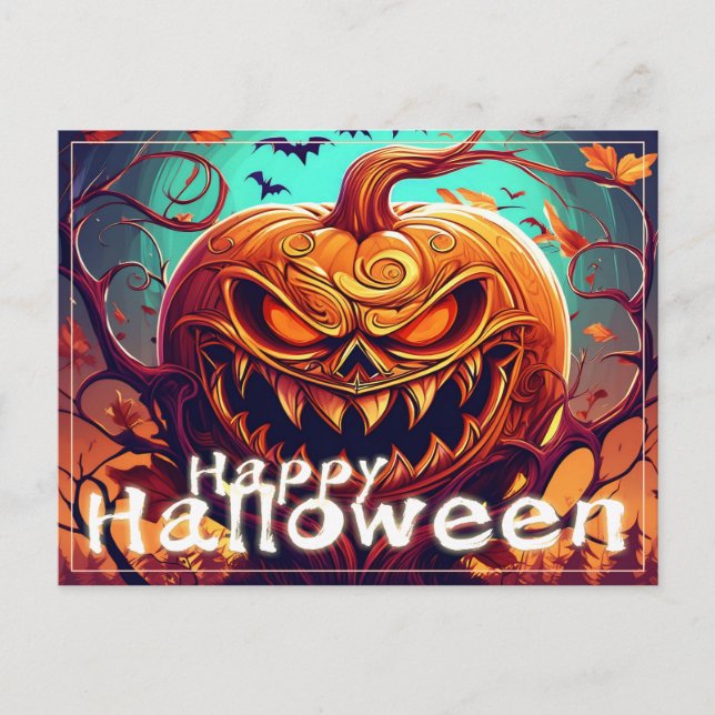 Scary Looking Orange Pumpkin with Face, Halloween  Holiday Postcard (Front)