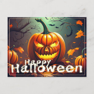Scary Looking Orange Pumpkin with Face, Halloween  Holiday Postcard