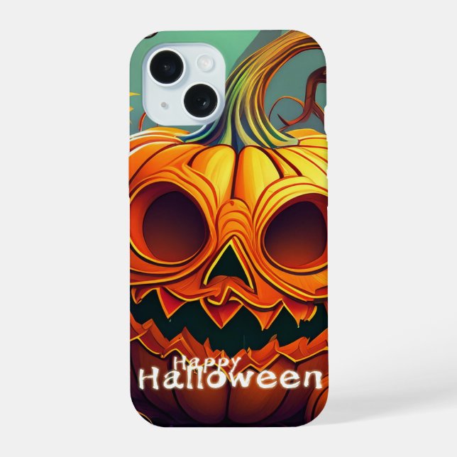Scary Looking Orange Pumpkin with Face, Halloween iPhone 15 Case (Back)