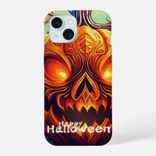 Scary Looking Orange Pumpkin with Face, Halloween iPhone 15 Case