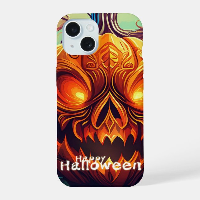 Scary Looking Orange Pumpkin with Face, Halloween  iPhone 15 Case (Back)