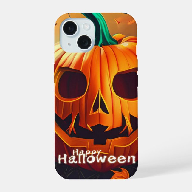 Scary Looking Orange Pumpkin with Face, Halloween iPhone 15 Case (Back)