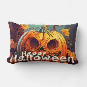 Scary Looking Orange Pumpkin with Face, Halloween Lumbar Pillow