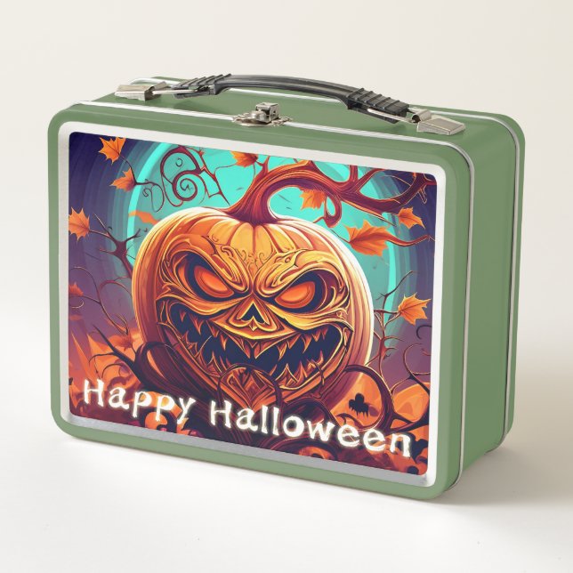 Scary Looking Orange Pumpkin with Face, Halloween Metal Lunch Box (Front)