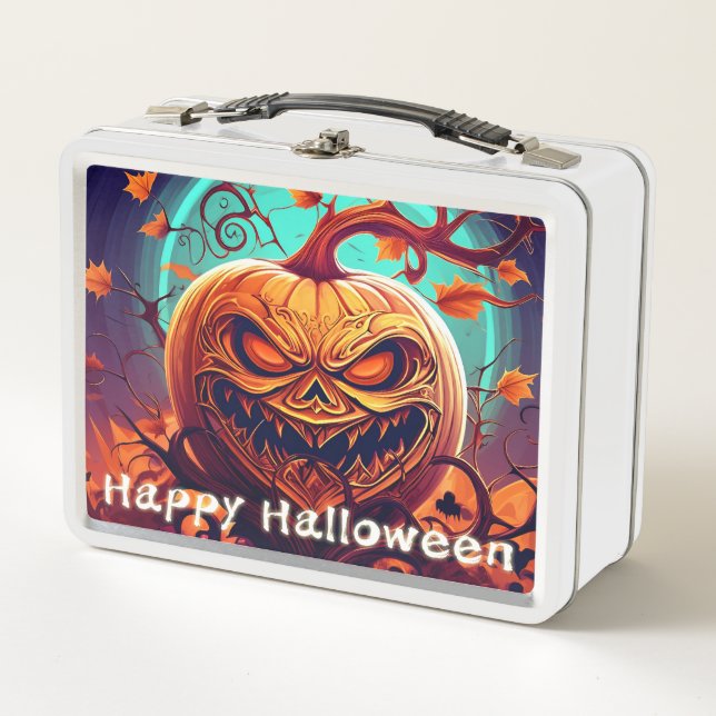Scary Looking Orange Pumpkin with Face, Halloween Metal Lunch Box (Front)