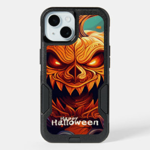Scary Looking Orange Pumpkin with Face, Halloween iPhone 15 Case