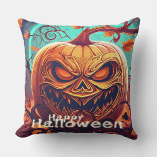 Scary Looking Orange Pumpkin with Face, Halloween Outdoor Pillow