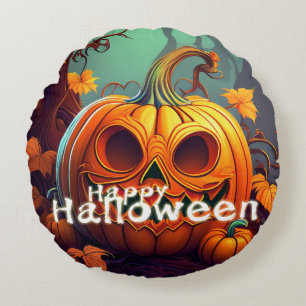 Scary Looking Orange Pumpkin with Face, Halloween Round Pillow