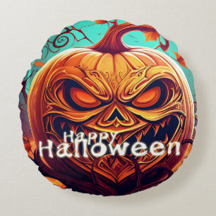 Scary Looking Orange Pumpkin with Face, Halloween Round Pillow