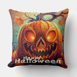 Scary Looking Orange Pumpkin with Face, Halloween  Throw Pillow